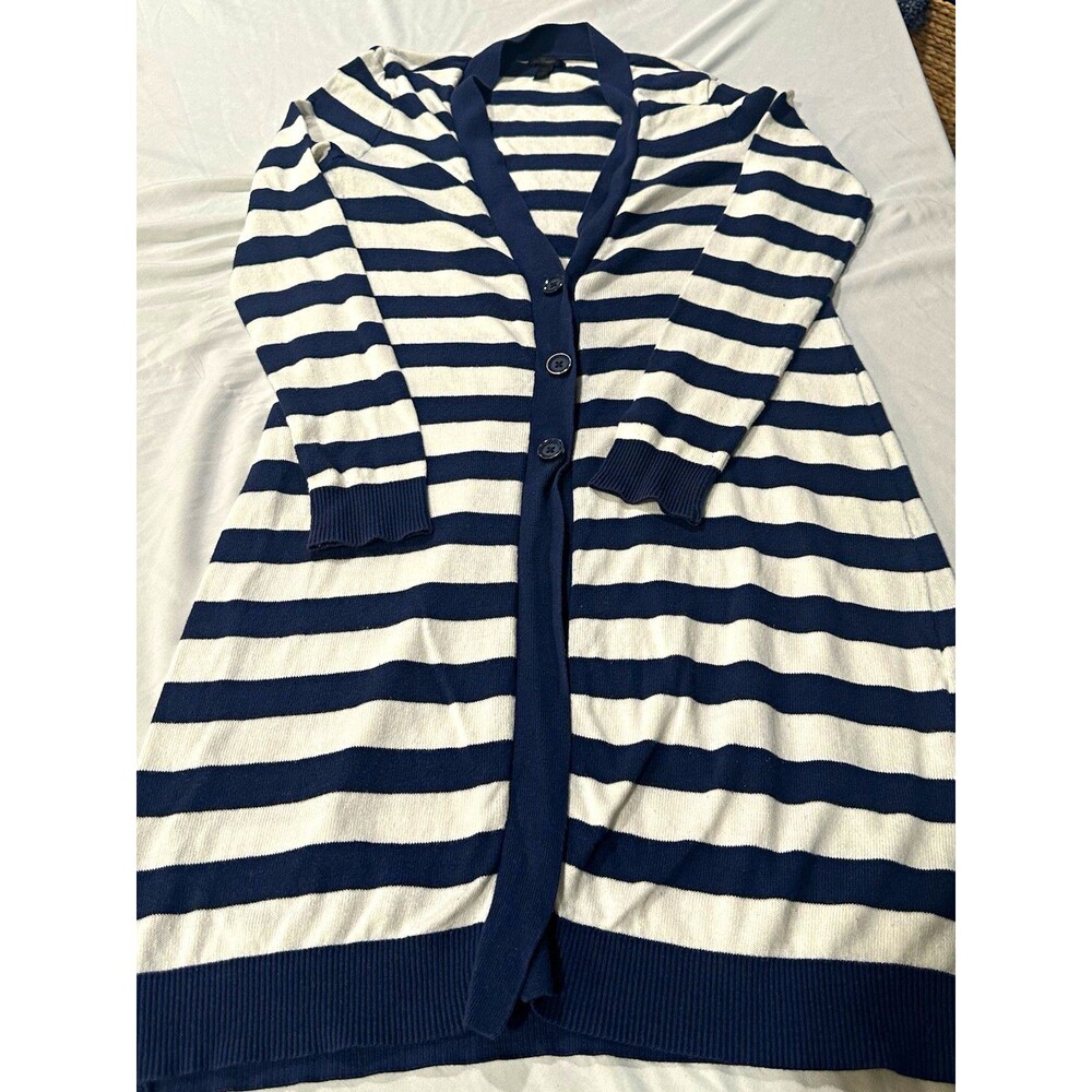 Soma Small Navy White Stripe Longline Button Front Cardigan Soft Cotton Blend